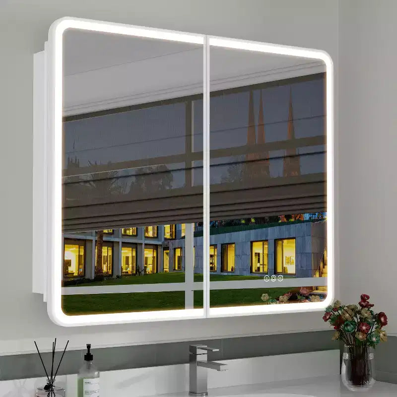 Armoire à pharmacie LED avec miroir, armoire de salle de bain encastrée/murale, intensité variable, lumière 3 modes, antibuée, étagères réglables, blanc