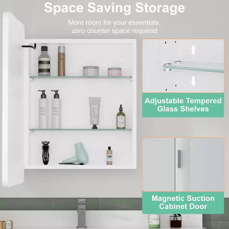 Armoire à pharmacie LED avec miroir, armoire de salle de bain encastrée/murale, intensité variable, lumière 3 modes, antibuée, étagères réglables, blanc