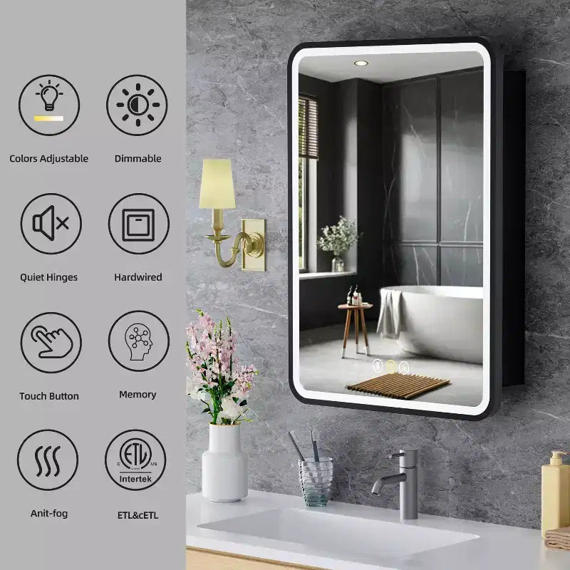 Armoire à pharmacie LED avec miroir, armoire de salle de bain encastrée/murale, intensité variable, lumière 3 modes, antibuée, étagères réglables, blanc