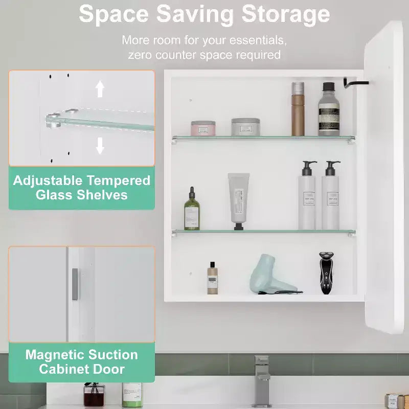 Armoire à pharmacie LED avec miroir, armoire de salle de bain encastrée/murale, intensité variable, lumière 3 modes, antibuée, étagères réglables, blanc