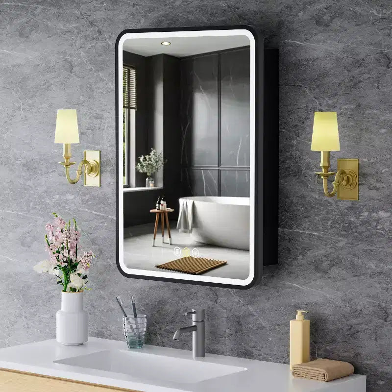 Armoire à pharmacie LED avec miroir, armoire de salle de bain encastrée/murale, intensité variable, lumière 3 modes, antibuée, étagères réglables, blanc