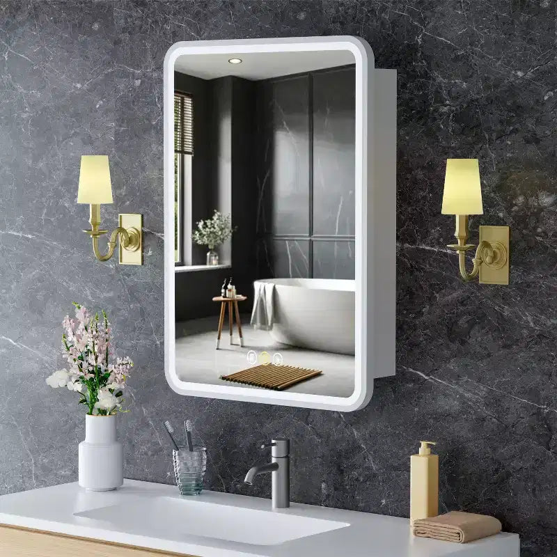 Armoire à pharmacie LED avec miroir, armoire de salle de bain encastrée/murale, intensité variable, lumière 3 modes, antibuée, étagères réglables, blanc