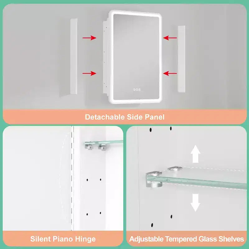 Armoire à pharmacie LED avec miroir, armoire de salle de bain encastrée/murale, intensité variable, lumière 3 modes, antibuée, étagères réglables, blanc