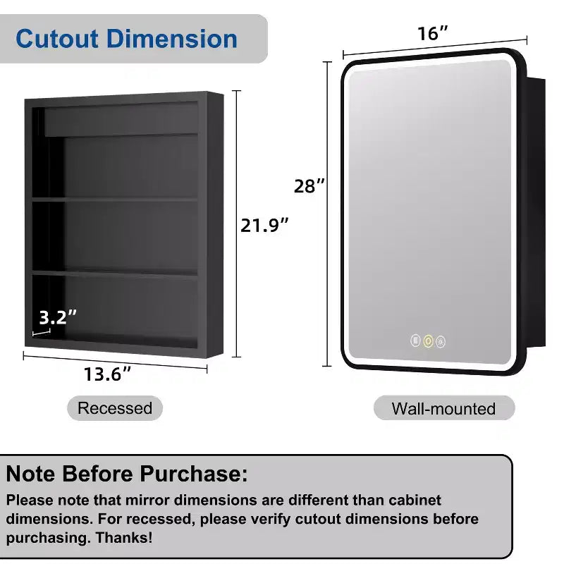 Armoire à pharmacie LED avec miroir, armoire de salle de bain encastrée/murale, intensité variable, lumière 3 modes, antibuée, étagères réglables, blanc