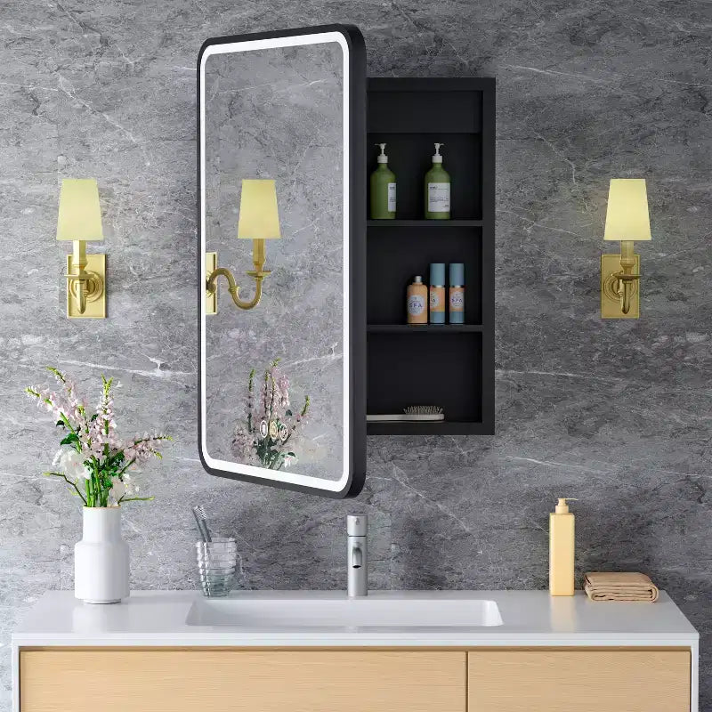 Armoire à pharmacie LED avec miroir, armoire de salle de bain encastrée/murale, intensité variable, lumière 3 modes, antibuée, étagères réglables, blanc