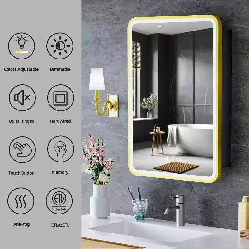Armoire à pharmacie LED avec miroir, armoire de salle de bain encastrée/murale, intensité variable, lumière 3 modes, antibuée, étagères réglables, blanc