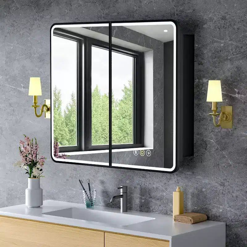 Armoire à pharmacie LED avec miroir, armoire de salle de bain encastrée/murale, intensité variable, lumière 3 modes, antibuée, étagères réglables, blanc