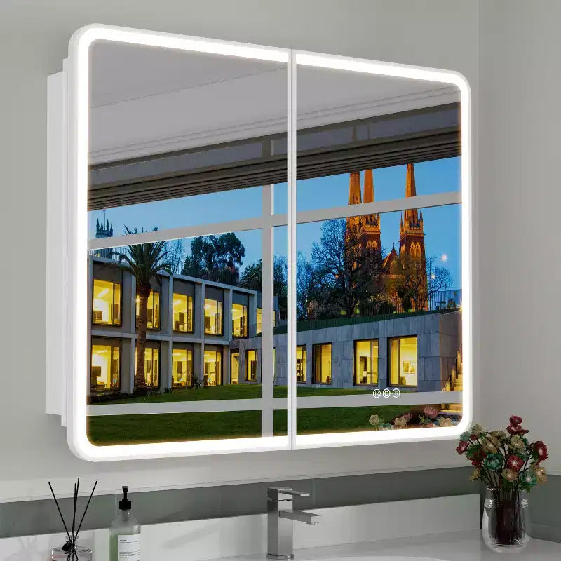 Armoire à pharmacie LED avec miroir, armoire de salle de bain encastrée/murale, intensité variable, lumière 3 modes, antibuée, étagères réglables, blanc