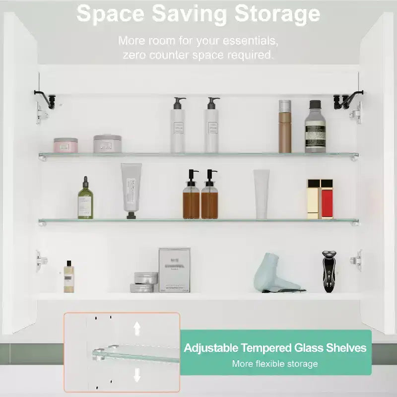 Armoire à pharmacie LED avec miroir, armoire de salle de bain encastrée/murale, intensité variable, lumière 3 modes, antibuée, étagères réglables, blanc