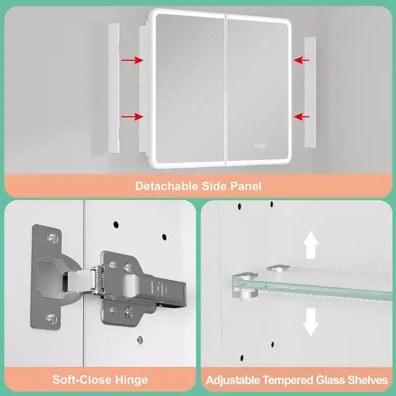 Armoire à pharmacie LED avec miroir, armoire de salle de bain encastrée/murale, intensité variable, lumière 3 modes, antibuée, étagères réglables, blanc