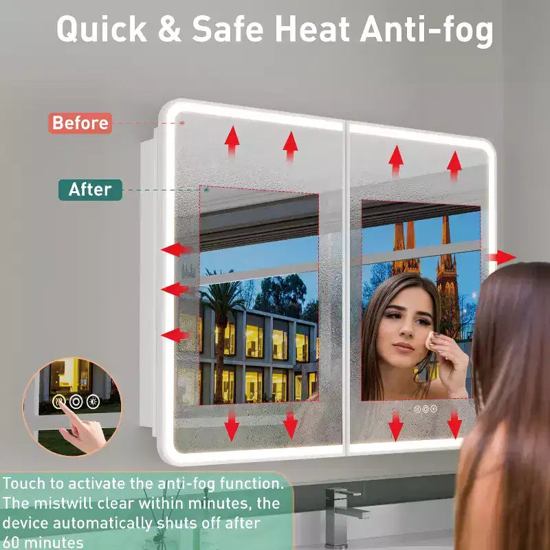 Armoire à pharmacie LED avec miroir, armoire de salle de bain encastrée/murale, intensité variable, lumière 3 modes, antibuée, étagères réglables, blanc