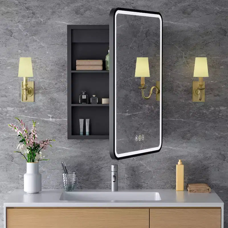 Armoire à pharmacie LED avec miroir, armoire de salle de bain encastrée/murale, intensité variable, lumière 3 modes, antibuée, étagères réglables, blanc