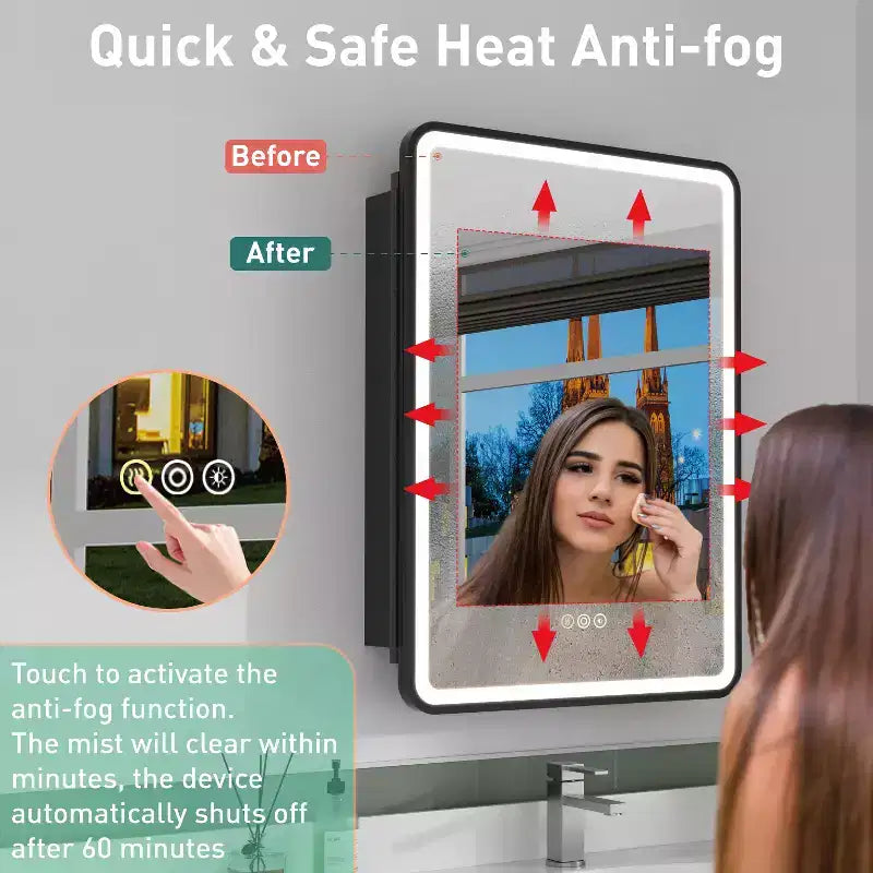 Armoire à pharmacie LED avec miroir, armoire de salle de bain encastrée/murale, intensité variable, lumière 3 modes, antibuée, étagères réglables, blanc