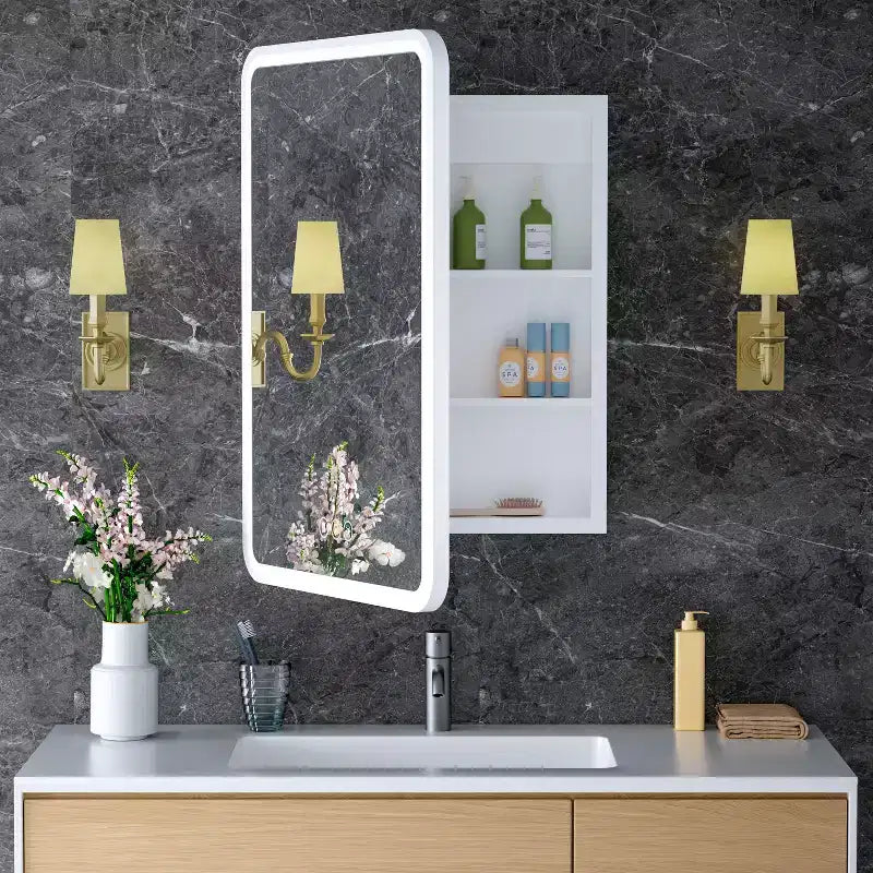 Armoire à pharmacie LED avec miroir, armoire de salle de bain encastrée/murale, intensité variable, lumière 3 modes, antibuée, étagères réglables, blanc