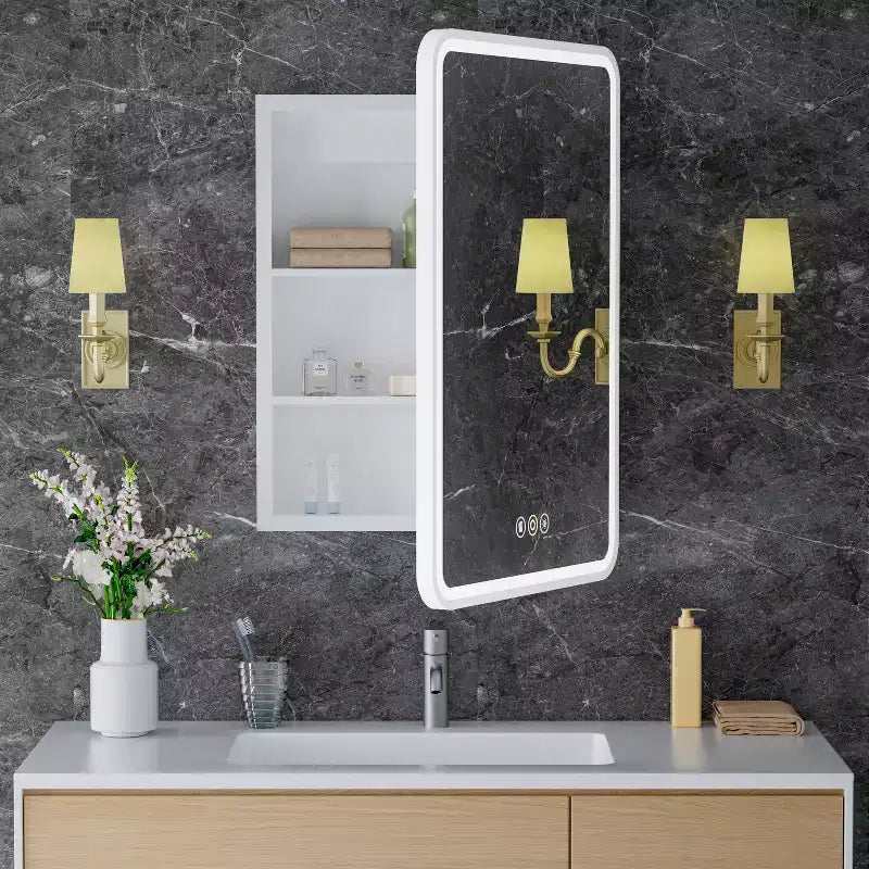 Armoire à pharmacie LED avec miroir, armoire de salle de bain encastrée/murale, intensité variable, lumière 3 modes, antibuée, étagères réglables, blanc