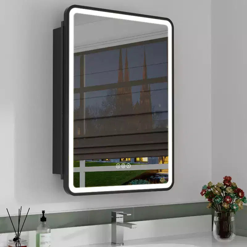 Armoire à pharmacie LED avec miroir, armoire de salle de bain encastrée/murale, intensité variable, lumière 3 modes, antibuée, étagères réglables, blanc