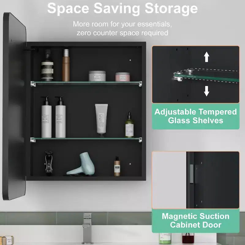 Armoire à pharmacie LED avec miroir, armoire de salle de bain encastrée/murale, intensité variable, lumière 3 modes, antibuée, étagères réglables, blanc