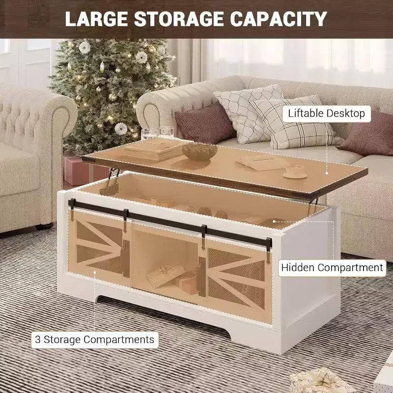 Table basse relevable de 47,2'' avec rangement, tiroirs et étagères réglables - Table basse centrale rustique de style ferme pour salon