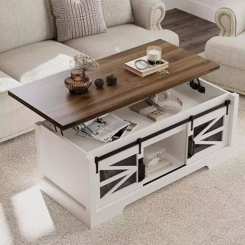 Table basse relevable de 47,2'' avec rangement, tiroirs et étagères réglables - Table basse centrale rustique de style ferme pour salon