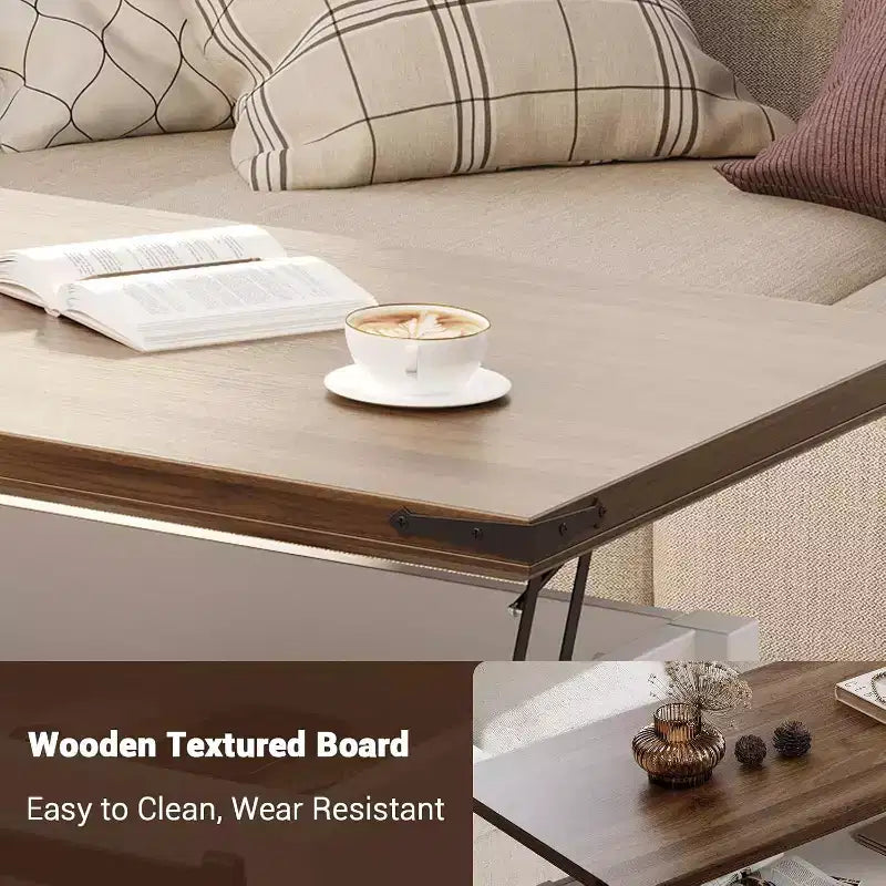 Table basse relevable de 47,2'' avec rangement, tiroirs et étagères réglables - Table basse centrale rustique de style ferme pour salon