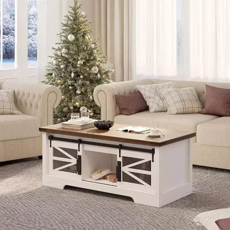 Table basse relevable de 47,2'' avec rangement, tiroirs et étagères réglables - Table basse centrale rustique de style ferme pour salon