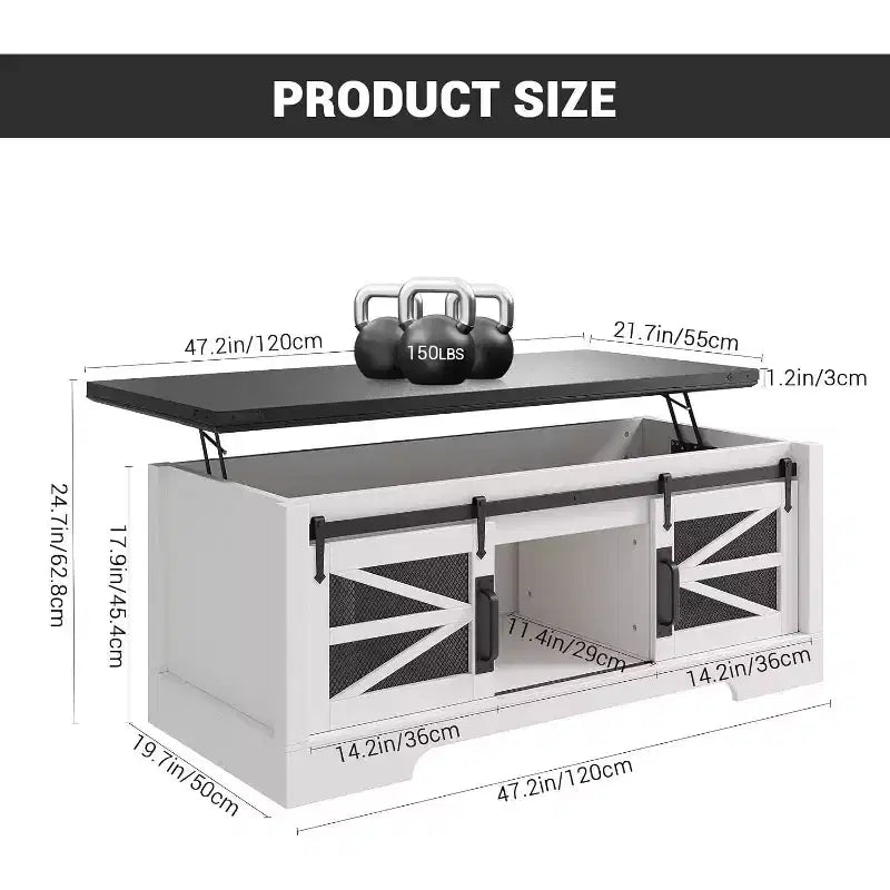 Table basse relevable de 47,2'' avec rangement, tiroirs et étagères réglables - Table basse centrale rustique de style ferme pour salon