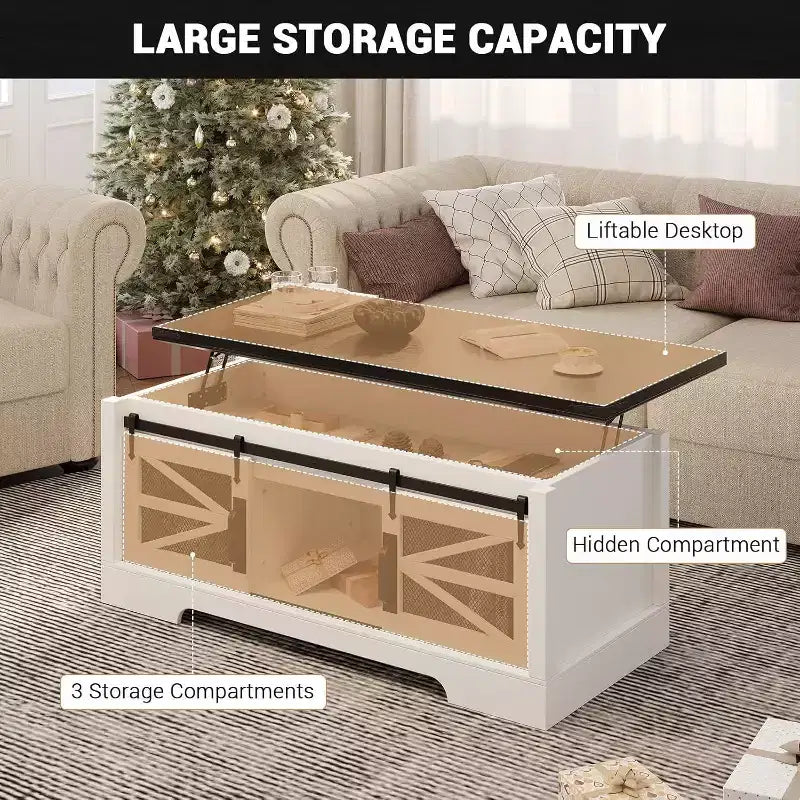 Table basse relevable de 47,2'' avec rangement, tiroirs et étagères réglables - Table basse centrale rustique de style ferme pour salon