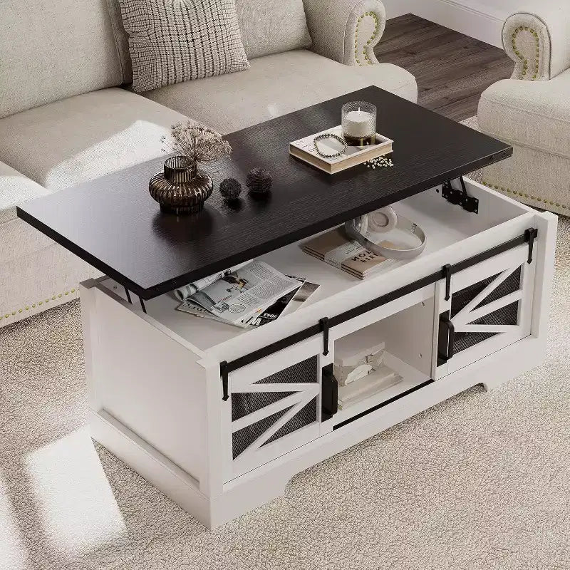 Table basse relevable de 47,2'' avec rangement, tiroirs et étagères réglables - Table basse centrale rustique de style ferme pour salon
