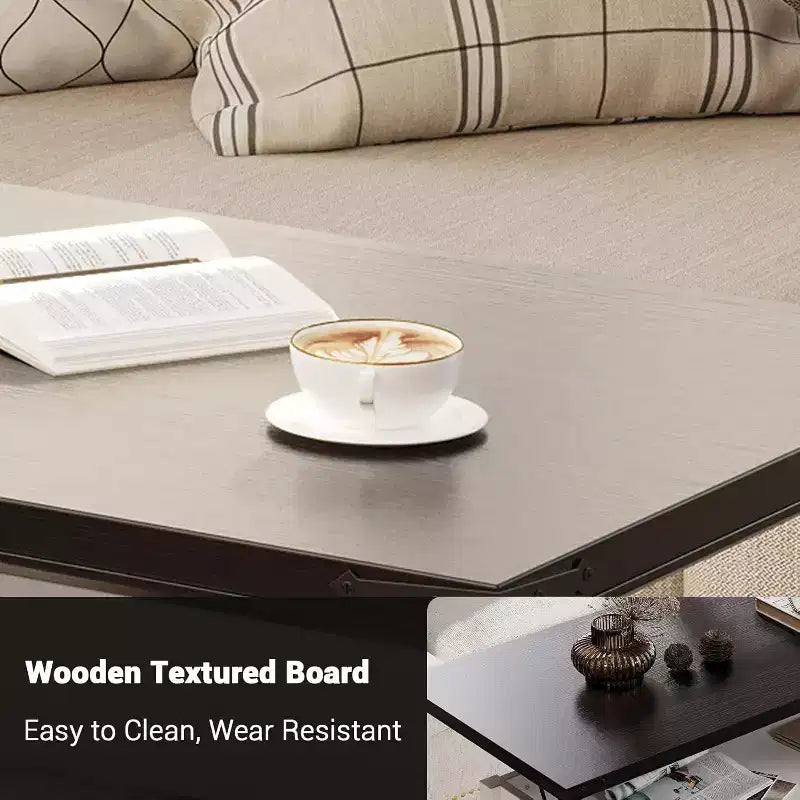 Table basse relevable de 47,2'' avec rangement, tiroirs et étagères réglables - Table basse centrale rustique de style ferme pour salon