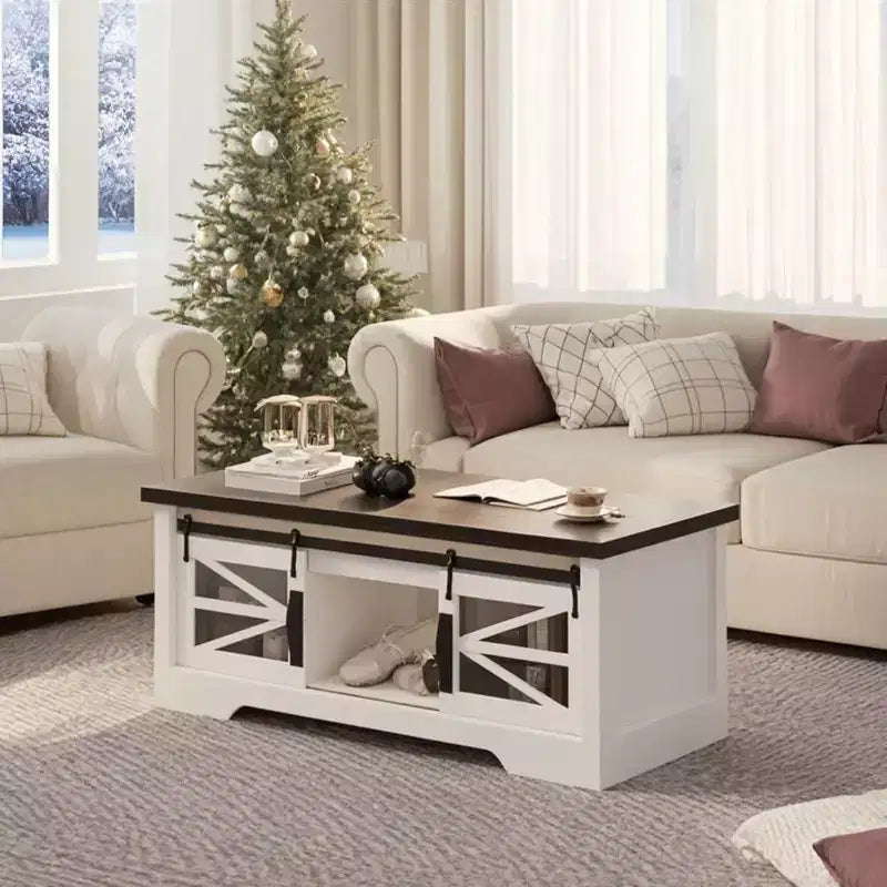 Table basse relevable de 47,2'' avec rangement, tiroirs et étagères réglables - Table basse centrale rustique de style ferme pour salon