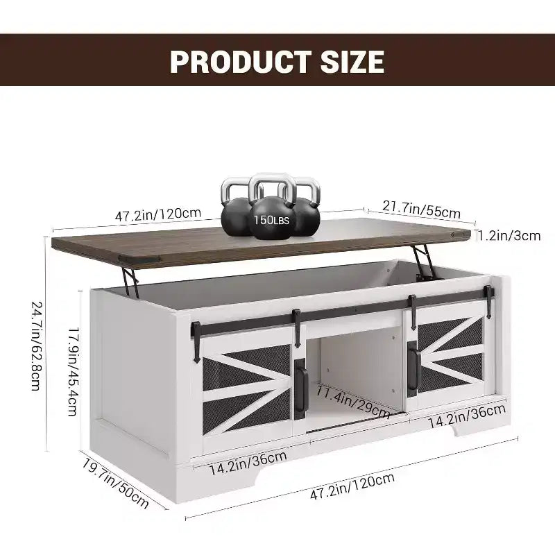 Table basse relevable de 47,2'' avec rangement, tiroirs et étagères réglables - Table basse centrale rustique de style ferme pour salon