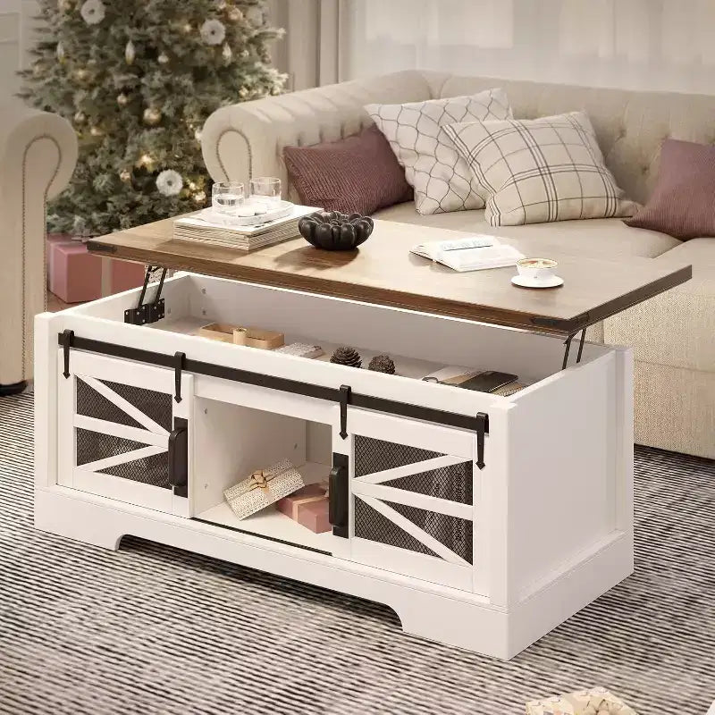 Table basse relevable de 47,2'' avec rangement, tiroirs et étagères réglables - Table basse centrale rustique de style ferme pour salon