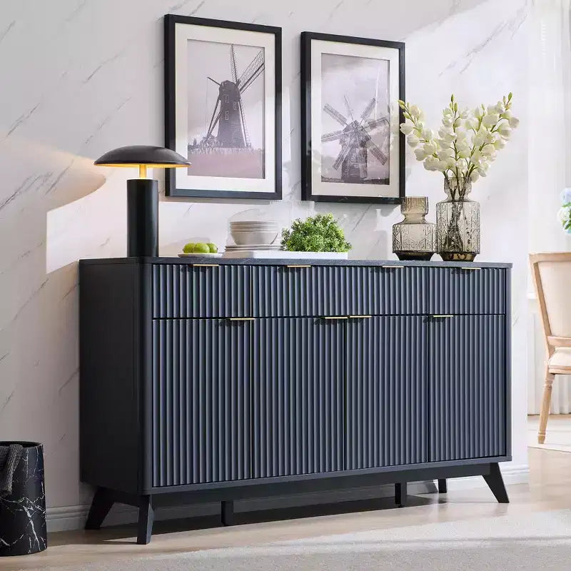 Meuble de rangement buffet de 60 pouces, table de bar à café cannelée avec 3 tiroirs et 4 portes, buffet moderne pour salle à manger, salon
