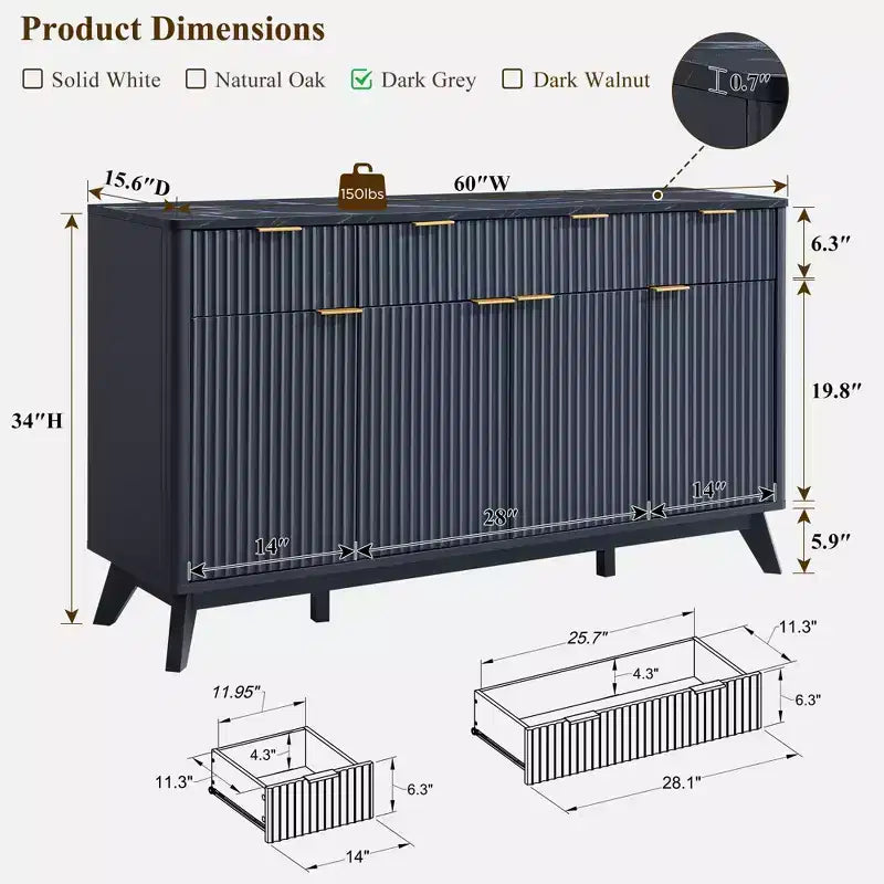 Meuble de rangement buffet de 60 pouces, table de bar à café cannelée avec 3 tiroirs et 4 portes, buffet moderne pour salle à manger, salon