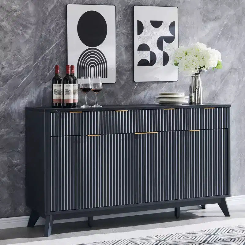 Meuble de rangement buffet de 60 pouces, table de bar à café cannelée avec 3 tiroirs et 4 portes, buffet moderne pour salle à manger, salon