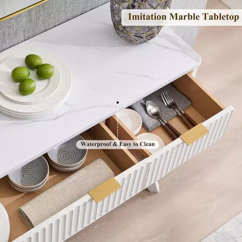 Meuble de rangement buffet de 60 pouces, table de bar à café cannelée avec 3 tiroirs et 4 portes, buffet moderne pour salle à manger, salon