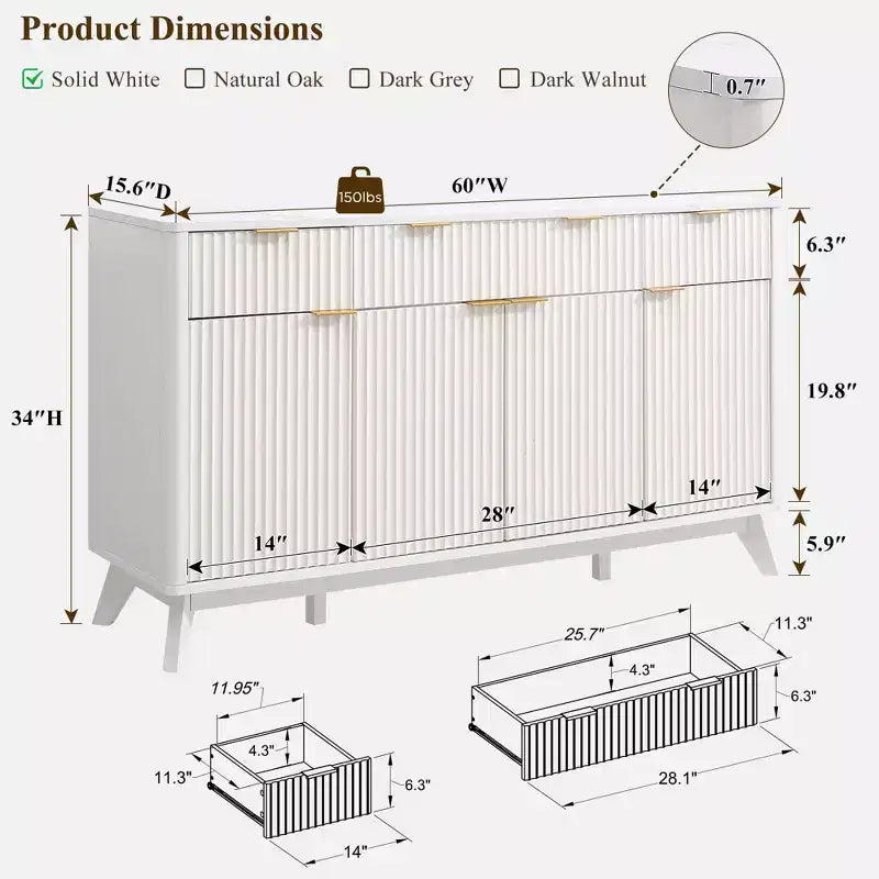 Meuble de rangement buffet de 60 pouces, table de bar à café cannelée avec 3 tiroirs et 4 portes, buffet moderne pour salle à manger, salon