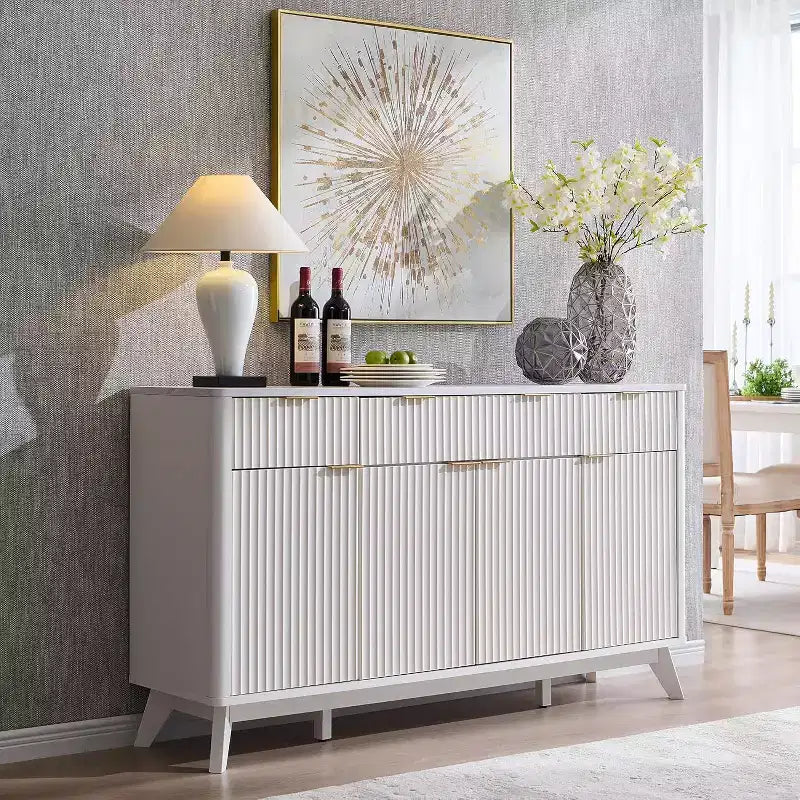 Meuble de rangement buffet de 60 pouces, table de bar à café cannelée avec 3 tiroirs et 4 portes, buffet moderne pour salle à manger, salon