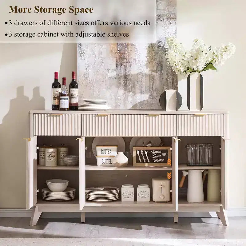 Meuble de rangement buffet de 60 pouces, table de bar à café cannelée avec 3 tiroirs et 4 portes, buffet moderne pour salle à manger, salon