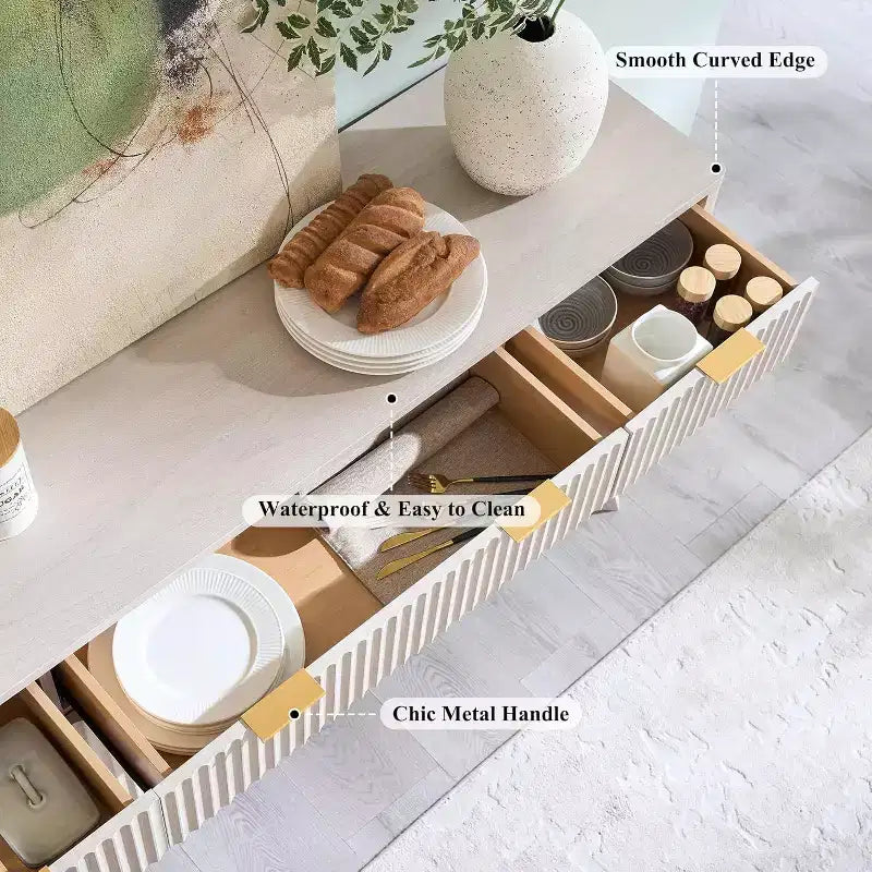 Meuble de rangement buffet de 60 pouces, table de bar à café cannelée avec 3 tiroirs et 4 portes, buffet moderne pour salle à manger, salon