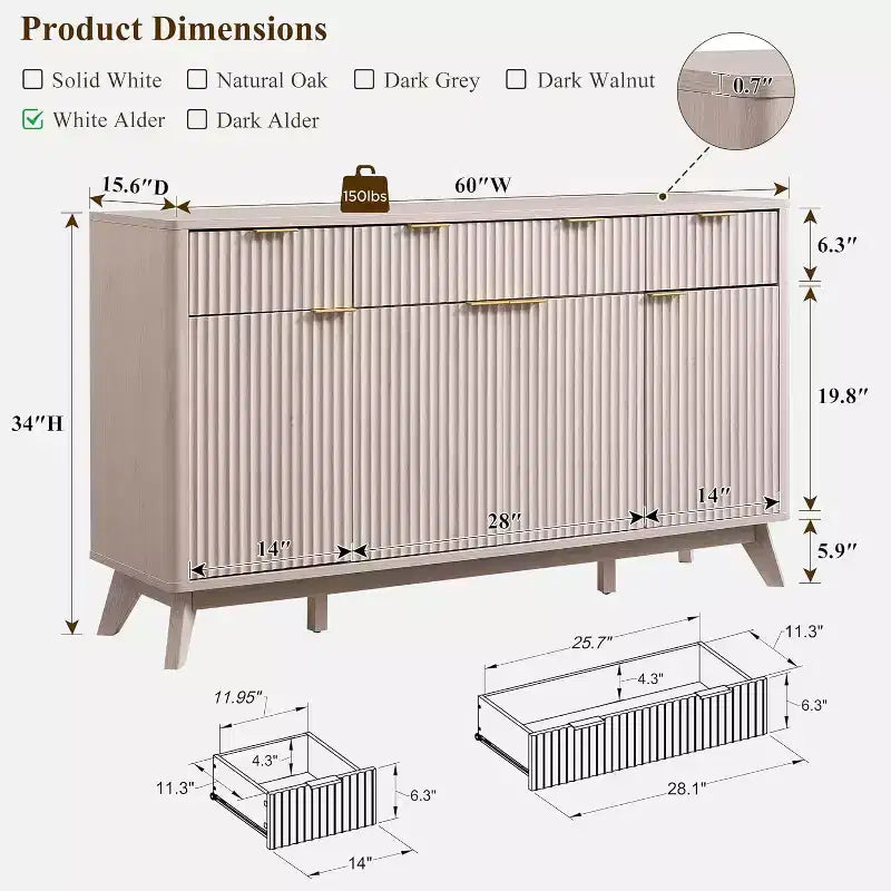 Meuble de rangement buffet de 60 pouces, table de bar à café cannelée avec 3 tiroirs et 4 portes, buffet moderne pour salle à manger, salon