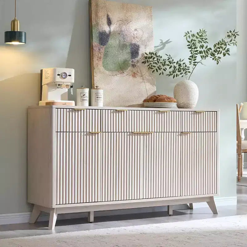 Meuble de rangement buffet de 60 pouces, table de bar à café cannelée avec 3 tiroirs et 4 portes, buffet moderne pour salle à manger, salon