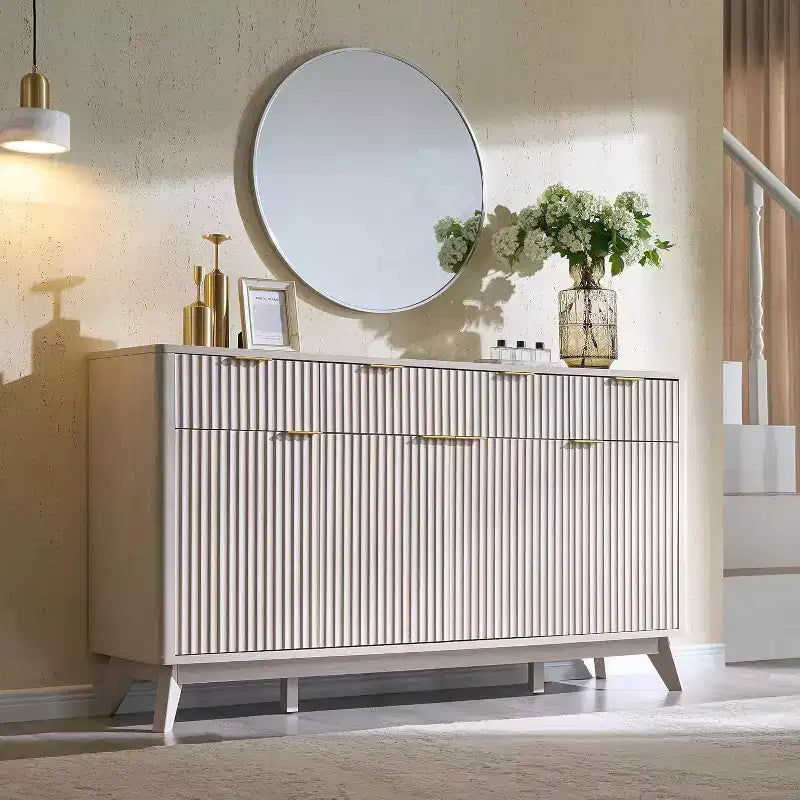 Meuble de rangement buffet de 60 pouces, table de bar à café cannelée avec 3 tiroirs et 4 portes, buffet moderne pour salle à manger, salon