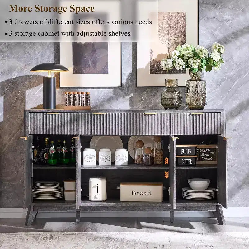 Meuble de rangement buffet de 60 pouces, table de bar à café cannelée avec 3 tiroirs et 4 portes, buffet moderne pour salle à manger, salon