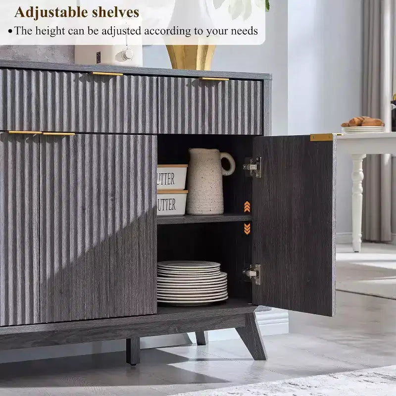Meuble de rangement buffet de 60 pouces, table de bar à café cannelée avec 3 tiroirs et 4 portes, buffet moderne pour salle à manger, salon