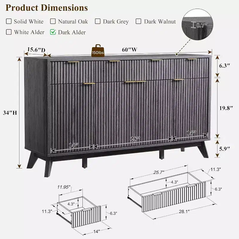 Meuble de rangement buffet de 60 pouces, table de bar à café cannelée avec 3 tiroirs et 4 portes, buffet moderne pour salle à manger, salon