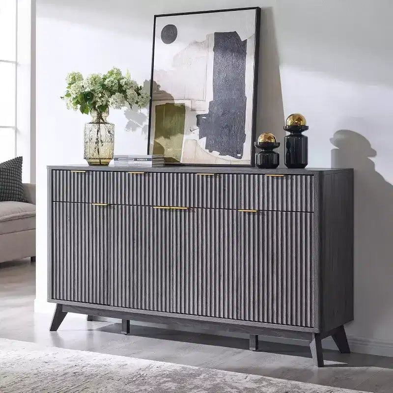 Meuble de rangement buffet de 60 pouces, table de bar à café cannelée avec 3 tiroirs et 4 portes, buffet moderne pour salle à manger, salon