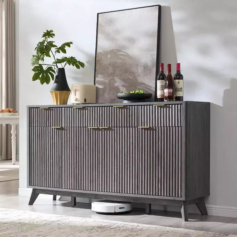 Meuble de rangement buffet de 60 pouces, table de bar à café cannelée avec 3 tiroirs et 4 portes, buffet moderne pour salle à manger, salon