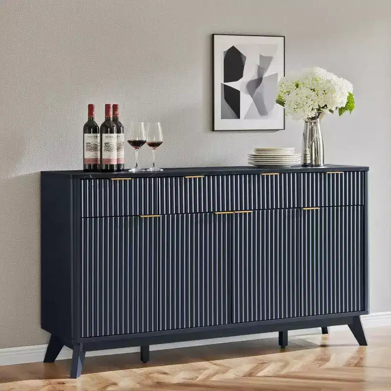 Meuble de rangement buffet de 60 pouces, table de bar à café cannelée avec 3 tiroirs et 4 portes, buffet moderne pour salle à manger, salon
