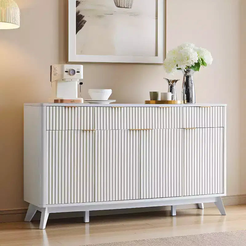 Meuble de rangement buffet de 60 pouces, table de bar à café cannelée avec 3 tiroirs et 4 portes, buffet moderne pour salle à manger, salon